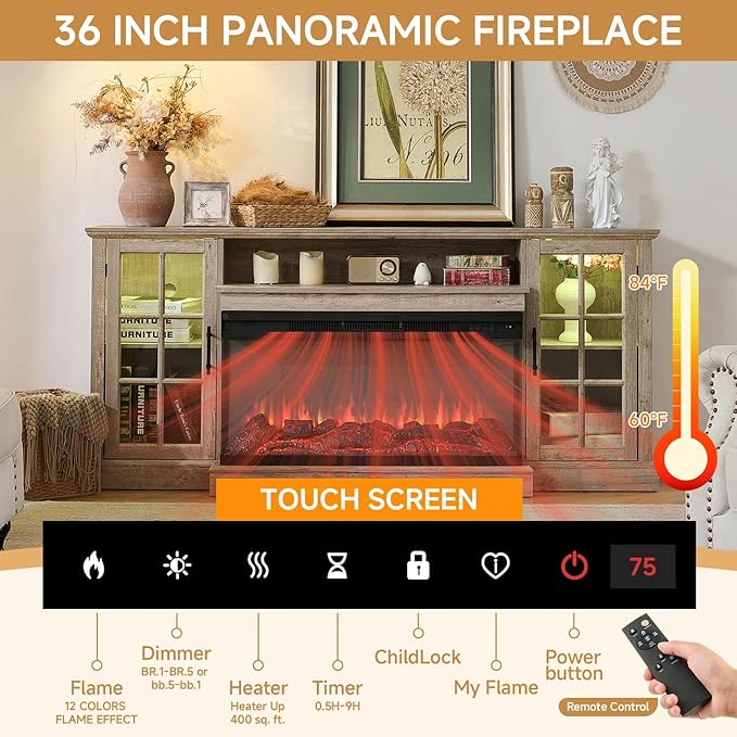 ROCKPOINT 3 Sided Glass 80" Fireplace TV Stand for TVs up to 90", Media Entertainment Center with Glass Door Storage Cabinet for Living Room,36" Electric Fireplace & Adjustable LED Light,Grey