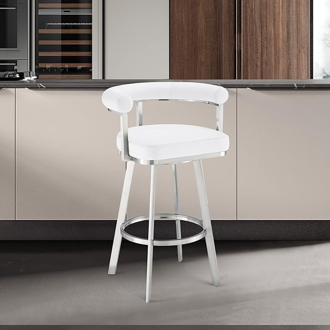 Armen Living Magnolia Swivel Bar Stool in Brushed Stainless Steel with White Faux Leather