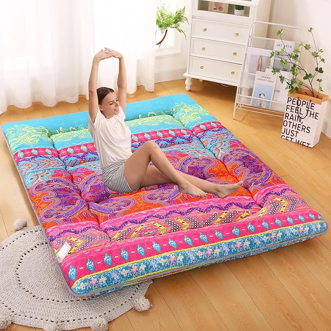 Bohemian Retro Japanese Floor Mattress, Vintage Floral Tatami Floor Mat, Portable Roll up Futon Mattress for Guest,Tavel (D,Queen80 X 60")