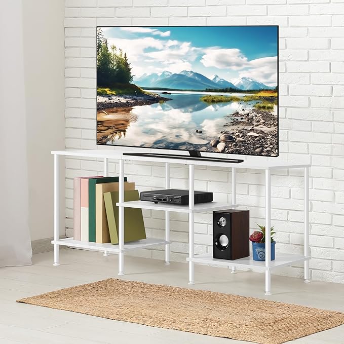 OYEAL White TV Stand for Bedroom Modern Entertainment Center Table with Storage Shelves for 50 Inch TV, 3 Tier Media Console Table for Small Spaces