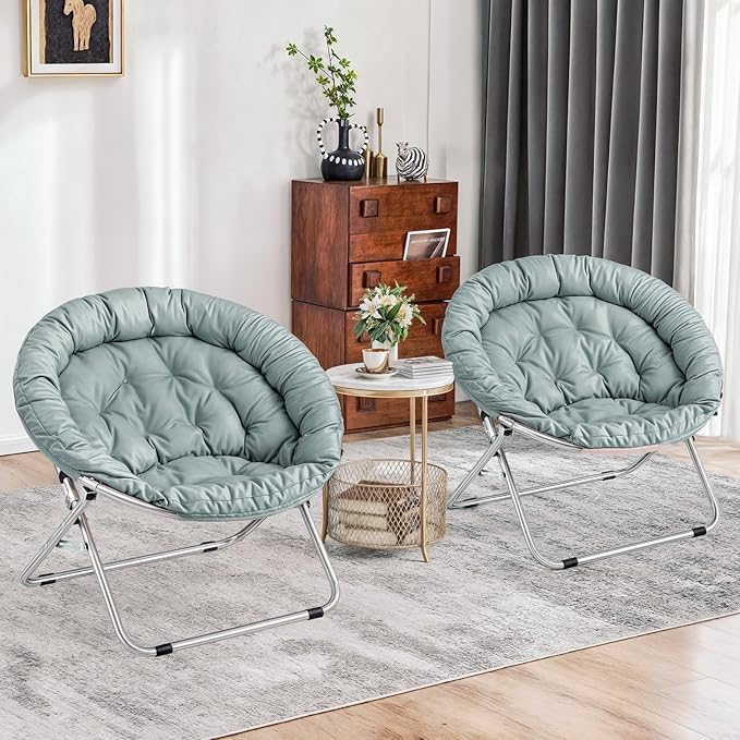 MoNiBloom Round Folding Saucer Chairs Set of 2 for Bedroom Living Room Dorm Foldable Metal Frame Comfy Soft Lounge Lazy Cozy Moon Chairs for Teens (Teal)