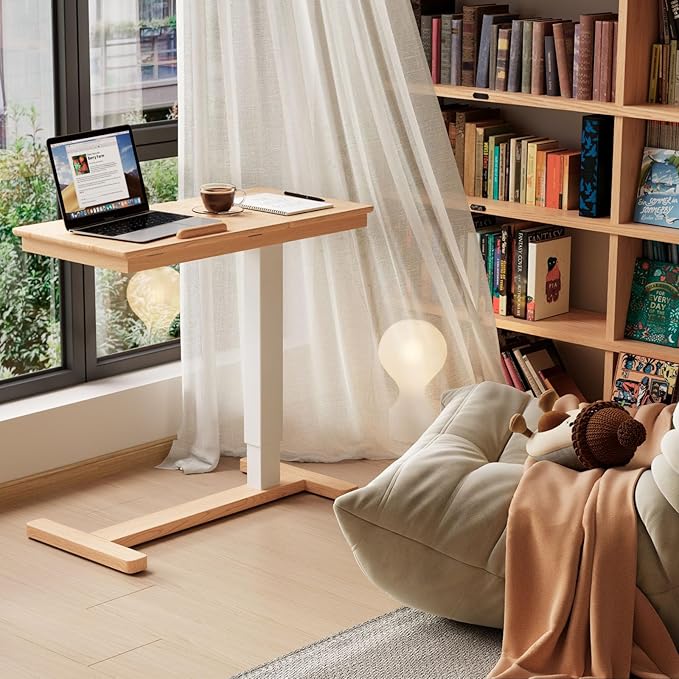 Solid Wood Overbed Bedside Table with Wheels, Adjustable Medical Tilt Top Hospital Bed Table Over The Bed, Rolling Laptop Desk, Mobile Standing Desk for Hospital and Home Use (Natural)