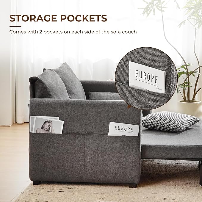 Furnimart 62" Queen Size Pull Out Sofa Bed, 3 in 1 Convertible Sleeper Bed with 6-Position Adjustable Backrest & Side Pockets, Modern Linen Loveseat Futon Couch for Living Room, Apartment, Dark Grey