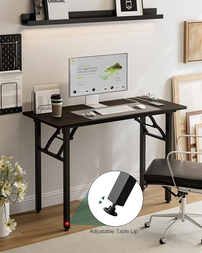 Frylr Small Folding Computer Desk – 43.3 Inch Portable Table for Craft and Study, Lightweight Desk for Small Spaces, Foldable Laptop Table Built-in AC/USB Outlets for Convenience, Charcoal Wenge