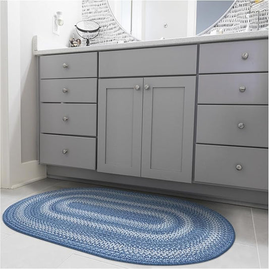 Denim Blue Oval Braided Rug, 2x3' - Handmade with Jute, Coastal Country Decor, Perfect for Bathrooms and Entryways - Reversible and Easy to Clean