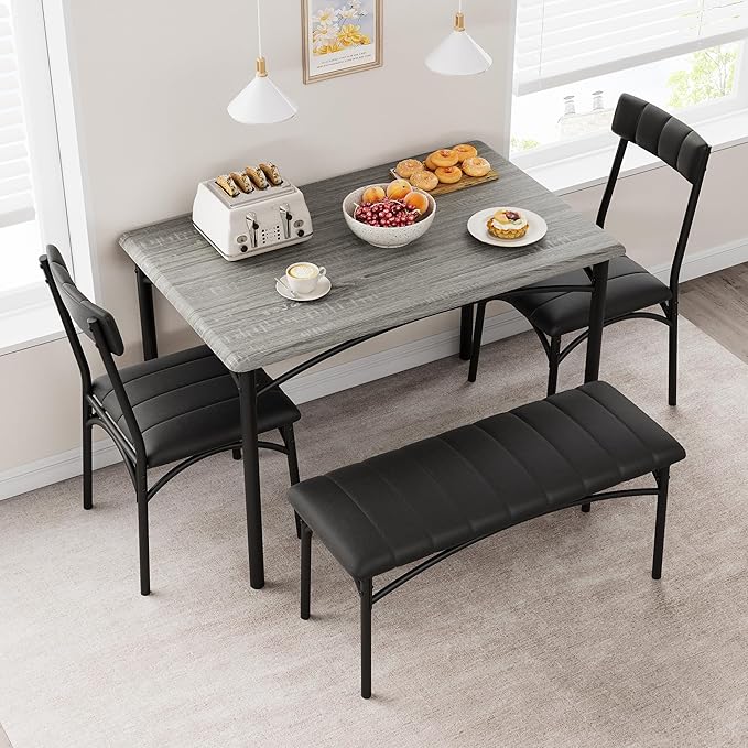 Dining Table Set for 4, Small Dining Table Set with Upholstered Bench and 2 Chairs, Kitchen Table and Chairs for 4, for Small Space, Apartment, Dinner, Rustic Gray