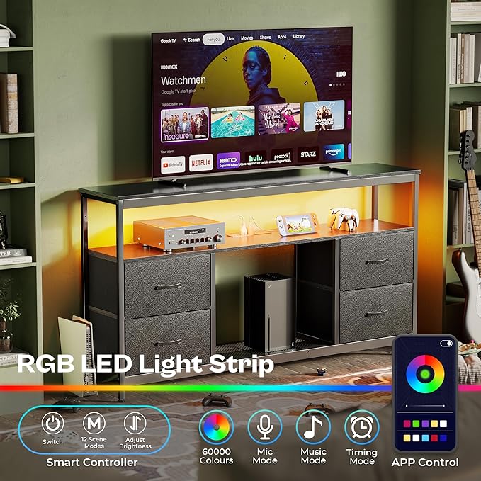 Huuger TV Stand Dresser with Power Outlets and LED Lights, 4 Drawers Entertainment Center with Shelf, 54 Inch Media Console for 55 60 Inch TV, 4 AC Outlets, 2 USBs, Dresser with PU Finish, Black