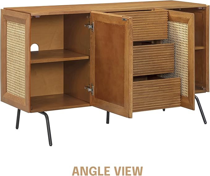 NTC MOSSIC Sideboard with 2 Doors and 3 Drawers, Buffet Cabinet with Natural Rattan and Metal Legs, Modern Storage Cabinet for Living Room, and Hallway, Effortless Assembly, Teak Look