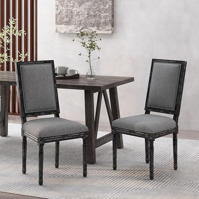Merax Upholstered Solid Wood Dining Chairs Set of 2, French Country Style Accent Side Seating Furniture for Kitchen, Living Room, Cushioned Back, Grey