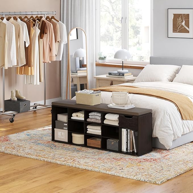 DINZI LVJ Shoe Bench, Entryway Storage Bench with Drawer and 14 Cubbies, Long Cubby Shoe Rack with Adjustable Shelves, Organizer for Living Room, Bedroom, Mudroom, Garage, Espresso
