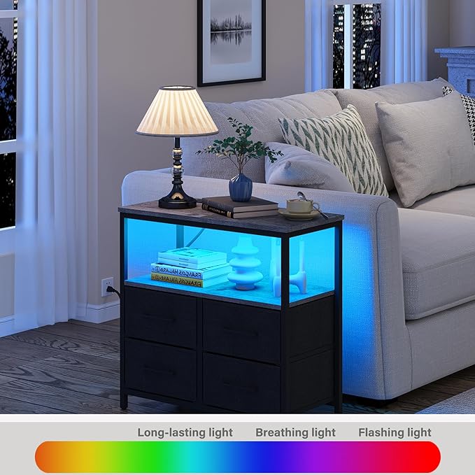 TUTOTAK LED Night Stand with Charging Station, Large Nightstand with USB and Type-C Port, Bedside Table with Cloth Drawers, End Table for Livingroom, Bedroom, Charcoal Grey TB01BY081L