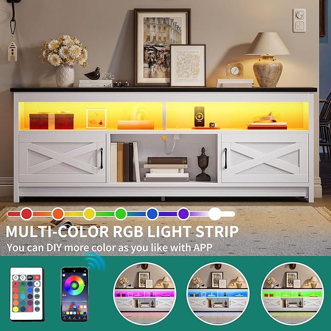 YITAHOME Farmhouse TV Stand for 65/75 Inch Television, LED Entertainment Center Television Stand with Power Outlets and Open Shelf, Media Console TV Cabinet for Living Room, White/Black