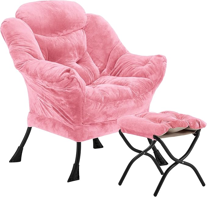 Lazy Chair with Folding Ottoman, Accent Chair Plush Upholstered with Metal Structure and Non-Slip Pads, Sofa Armchair with Footrest and Side Storage Bag for Dorm, Room, Office, Pink