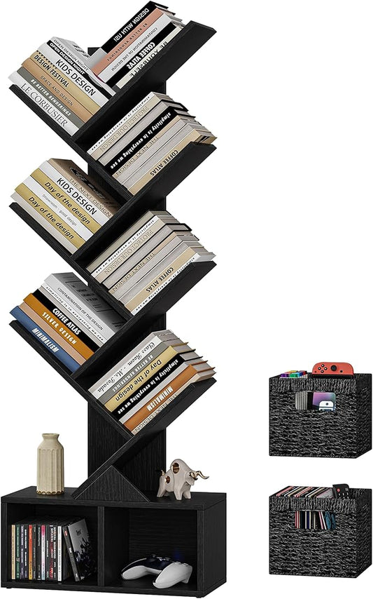 Vagusicc Tree Bookshelf, 6 Tier Bookshelf with Storage, Tall Narrow Bookcase, Rustic Wood Book Storage Rack for CDs/Books, Small Book Organizer Shelves for Bedroom, Living Room, Home Office, Black
