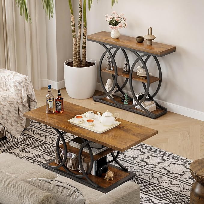 GiftGo Narrow Console Table for Entryway Industrial 3-Tier Sofa Table Behind Couch with Circle Base Wooden Accent Wall Tables with Storage Shelves for Living Room, Hallway, Foyer (Rustic Brown)