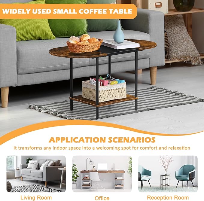 ETELI Small Round Coffee Tables for Small Space Farmhouse Oval Coffee Table with 2-Tier Storage Shelf Circle Center Tea Table for Living