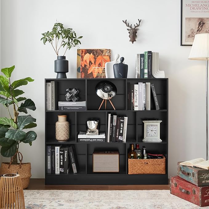 YAHARBO Black Wide Bookshelf,3 Tier Modern Horizontal Bookcase,Wood Low Bookshelves Display Storage Cabinet with Base,Floor Standing 10 Cube Large Bookcases Organizer for Bedroom,Living Room,Office