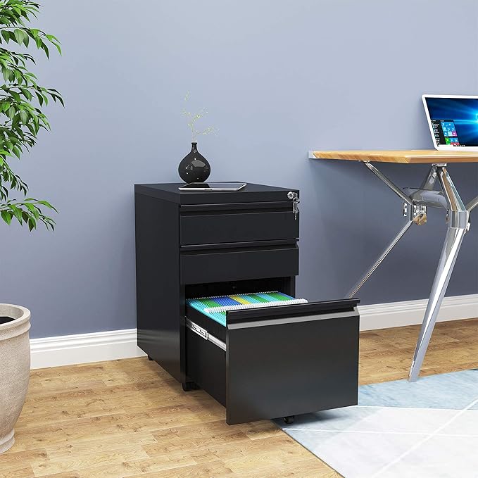 YITAHOME 3-Drawer Mobile File Cabinet with Lock, Office Storage Filing Cabinet for Legal/Letter Size, Pre-Assembled Metal File Cabinets Except Wheels Under Desk -Black