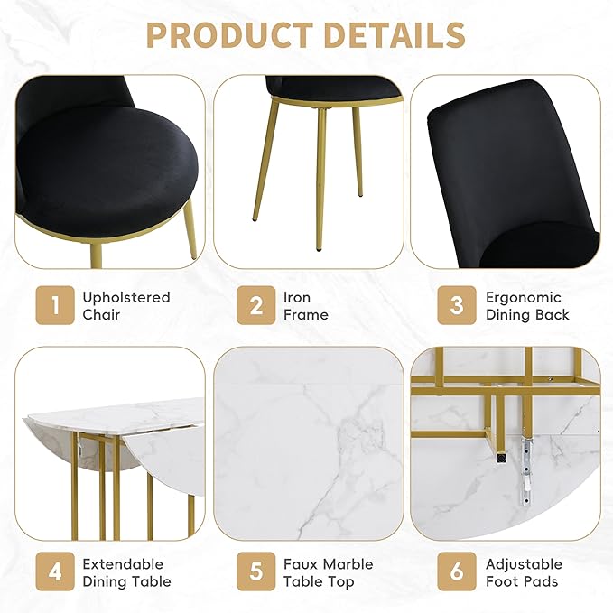 Ball & Cast Space-Saving 5-Piece Extendable Kitchen Dining Table Set w/ 4 Upholstered Chairs,Round Faux Marble Top with Golden Frame,Compact Foldable Design,for Small Spaces,White+Black