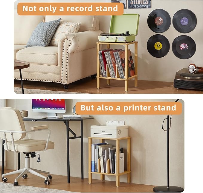 LELELINKY 2-Tier Bamboo Record Player Stand Set of 2 with Vinyl Record Storage up to 100 Albums, Boho Bedroom Record Holder and Multi-Functional End Table for Living Room, Natural