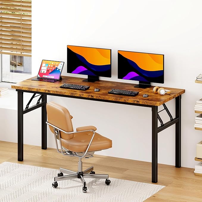 SDHYL 62 inches No Assembly Foldable Computer Desk for Home Office Workstation, Study and Writing, Rustic Brown