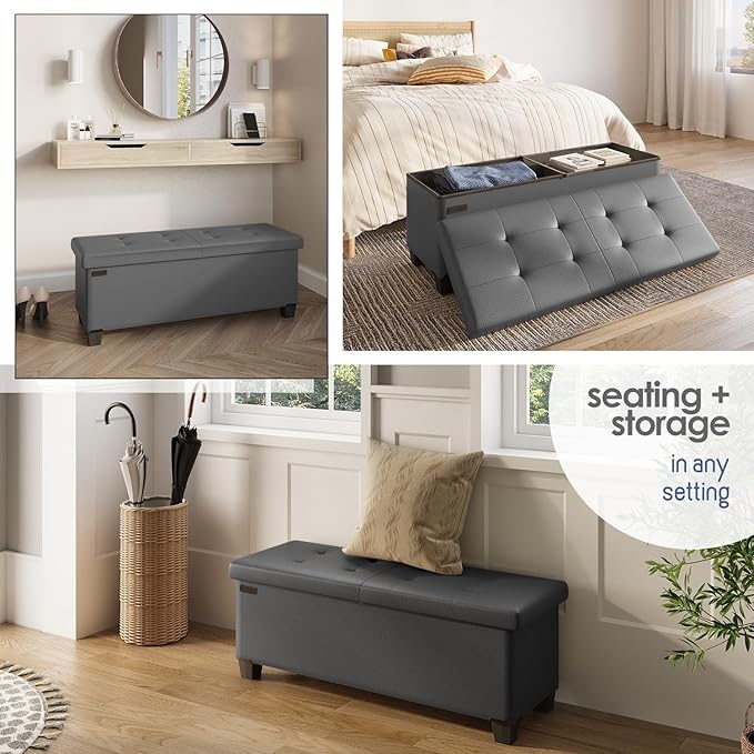 STORAGEBUD Storage Ottoman Bench with Bins, 43-in Storage Bench for Bedroom End of Bed, Folding Foot Rest Ottoman for Living Room Max 660lbs, Faux Leather Ottomans, Grey