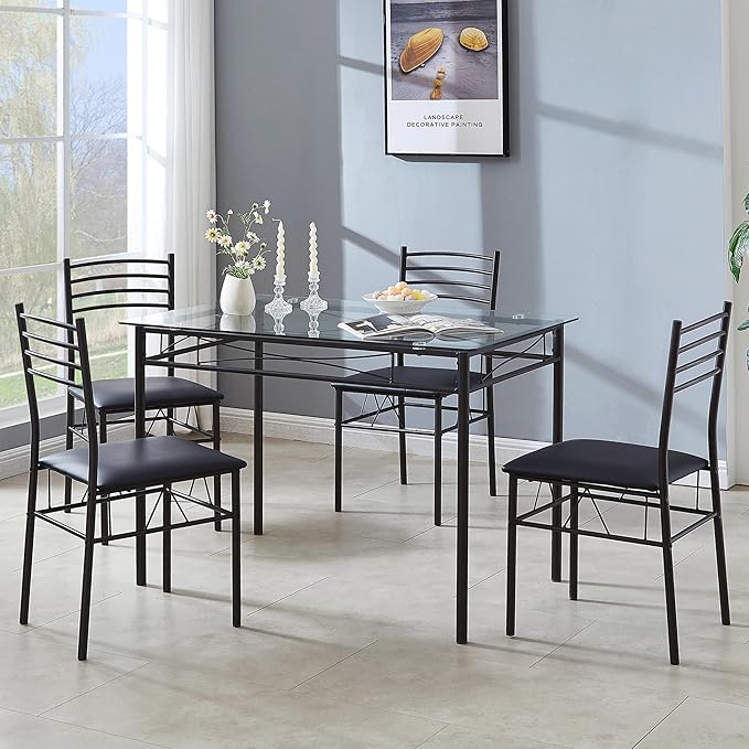 VECELO Kitchen Dining Table and Chairs Set for 4, PU Padded Seat & Glasses Tabletop, Space Saving, Matte Black