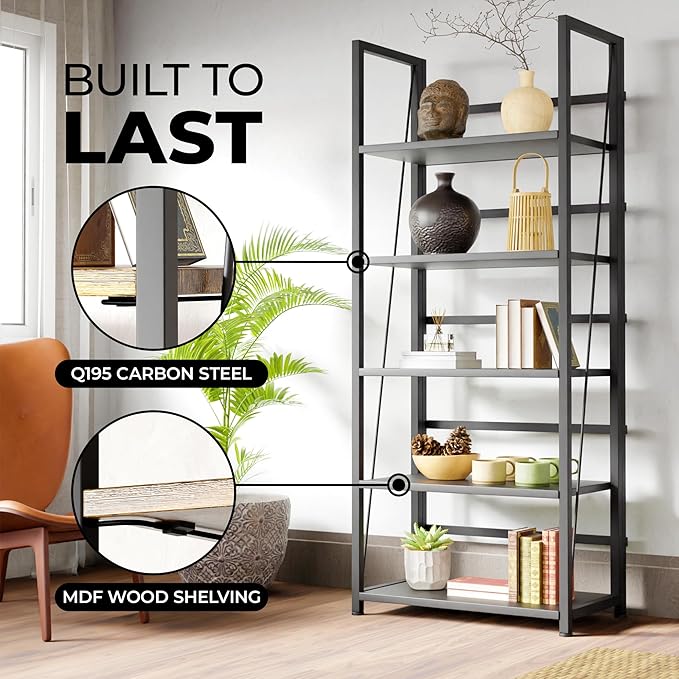 5 Tier Wood Book Shelf Organizer, No Assembly Bookshelf for Bedroom Living Room Office, Rustic Foldable Book Case, Tall Bookshelves, Open Book Shelves, Decorative Folding Shelf Display, Tall Bookcase