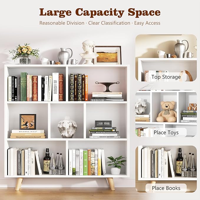 Shintenchi Cube Storage Organizer, 3 Tier Mid-Century Bookcase with Legs Cubeicals Retro Wood Organizer Storage Bookcase, Freestanding Open Book Shelves for Bedroom,Living Room,Office(White)