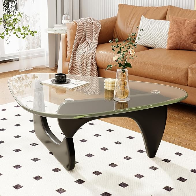Glass Coffee Table for Living Room Mid Century Modern Triangle Center Table with Wooden Base, Transparent/Black