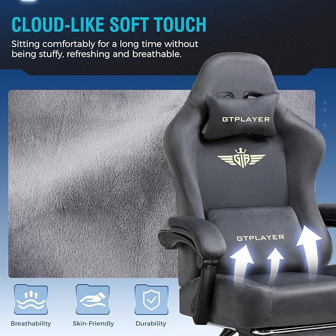 GTPLAYER Gaming Chair Fabric with Pocket Spring Cushion, Big and Tall Gamings Chairs 350LBS High Back Computer Chair with Footrest for Adults Lumbar Support Swivel Game Chair for Office Light Gray