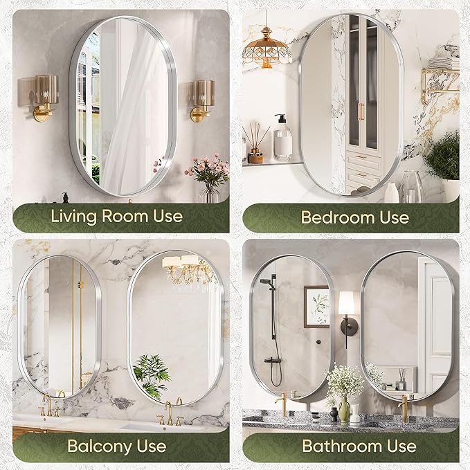 Suidia 22" x 30" Bathroom Mirror, Bathroom Vanity Mirror Metal Framed, Wall-Mounted Mirrors for Bedroom, Living Room, Entryway, Hallway, Silver, Oval Style