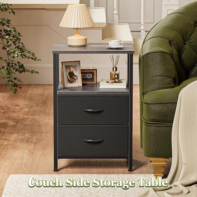 Huuger Night Stand Set of 2, Nightstand with 2 Drawers, Bed Side Table with Open Shelf, Wooden Top, End Table, Fabric Drawer, for Bedroom, Grey