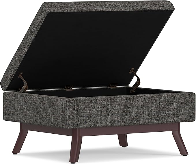 SIMPLIHOME Owen 34 inch Wide Mid Century Modern Rectangle Coffee Table Storage Ottoman in Ebony Tweed Look Fabric, Assembled, for the Living Room, Entryway and Family Room