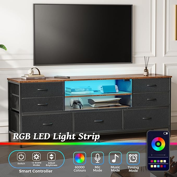 Huuger TV Stand Dresser with Power Outlets and LED Lights, 7 Drawers Entertainment Center for 60 Inch TV, TV Console with Open Shelf, 55 Inches Wide Fabric Dresser, PU Leather, Rustic Brown and Black