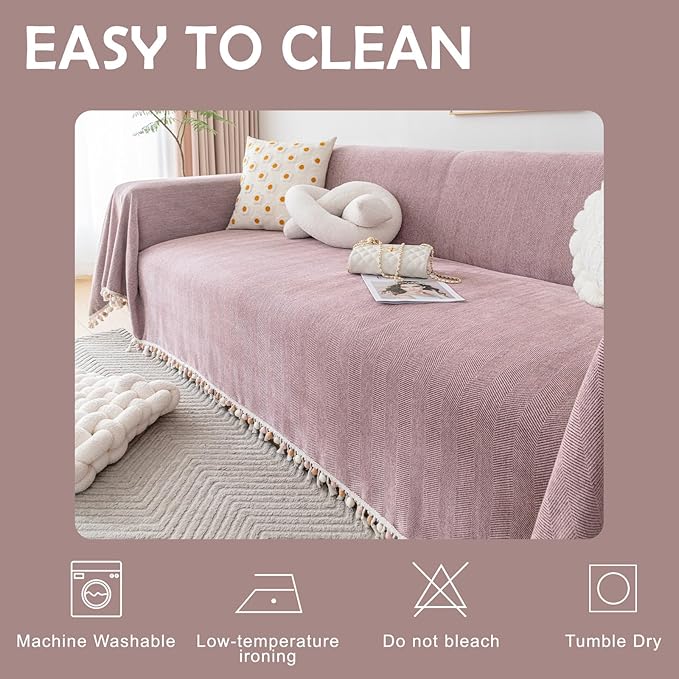 HANDONTIME Solid Boho Sofa Cover for 3 Cushion Couch - Pink-Purple Chenille Throw With Tassels for Dogs, 91" X 134", Mauve