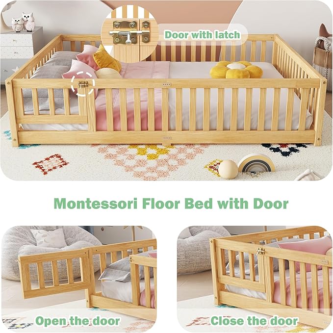 Queen Size Floor Bed Frame with Slats and Safety Guardrail, Wood Queen Size Montessori Floor Bed with Door and Fence, Easy Assemble Montessori Beds for Kids, Girls, Boys, Natural