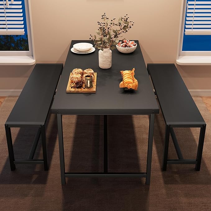 Dining Table Set for 4 with 2 Benches, 3-Piece Kitchen Table Set, Space-Saving Dining Set for Kitchen, Dining Room, Black