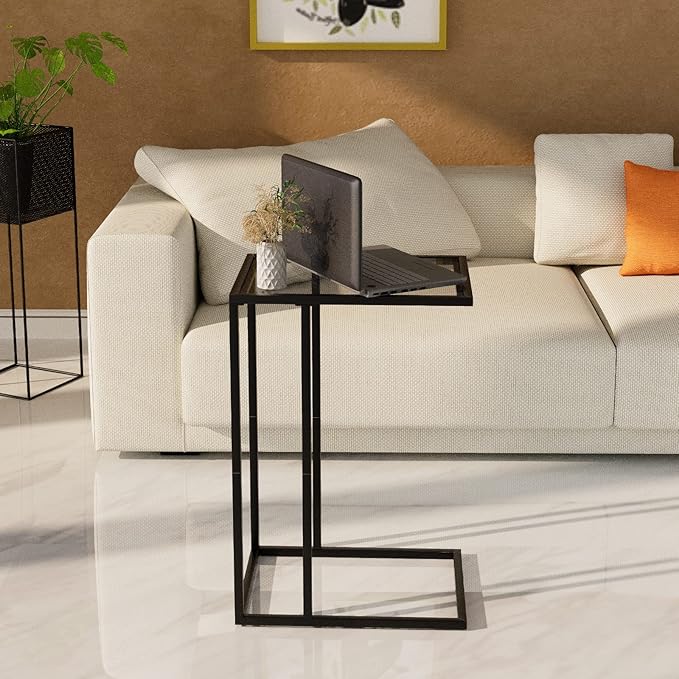 C Table Glass End Table, Couch Side Table, Tempered Glass Snack Side Table with Metal Frame, TV Tray Table for Small Space, Sofa Couch Side Tableand Bed Side Table(Black)