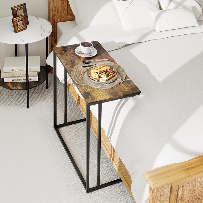 C-Shaped Side Table, Modern End Table with Metal Frame, Space Saving Design for Living Room，Large Surface Couch Table for Bedroom, and Home Office，24 x 12 x 24 inches (Rustic Brown)
