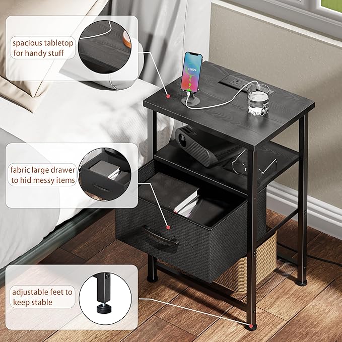 Nightstands Set of 2 with Charging Station and Drawer, End Table Bedside Table with 20 Colors LED Light Strip and 2 Layers Shelf for Bedroom Living Room Sofa Couch (Black)