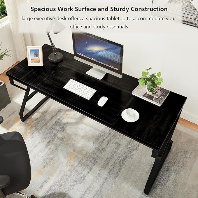 HOMISSUE 63-inch Executive Desk, Large Home Office Desk with Engineered Wood Tabletop and Metal Frame, Rustic Workstation Desks with Sturdy Structure, Long Computer Desks for Home Office, Writing