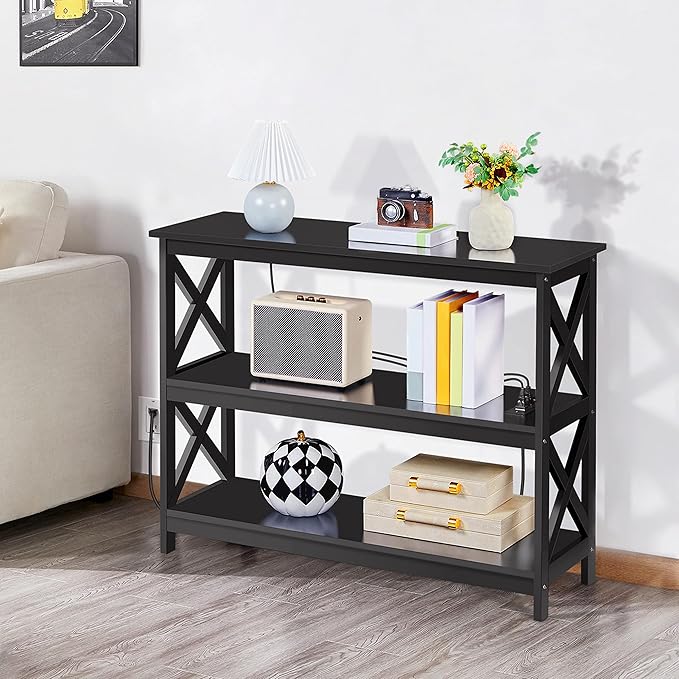 Yaheetech Entryway Table with Storage Shelves, Console Table with Power Outlets and USB Ports, Wood Narrow Sofa Tables with X-Shaped Design for Living Room/Hallway/Couch, Black