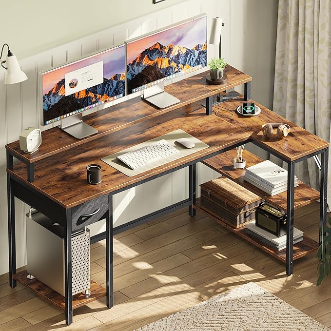SUPERJARE 53 inch Reversible L Shaped Desk with LED Lights & Power Outlets, Computer Desk with Shelves & Monitor Stand, Gaming Desk with Drawer, Home Office Desk Corner Desk, Rustic Brown
