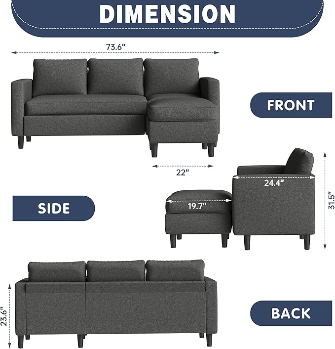 Small Sectional Sofa Couch, 3 Seat L Shaped Couches with Ottoman, Upholstered Fabric Convertible Sofa, Small Couch for Apartments, Living Room and Office (Black)