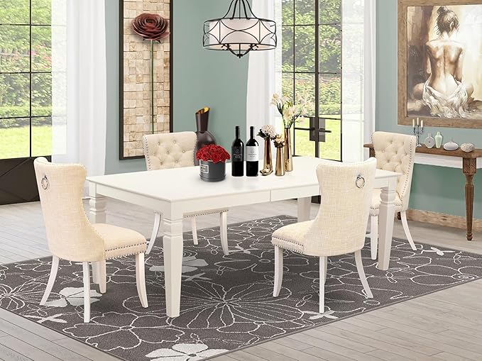 East West Furniture LGDA5-LWH-32 5 Piece Dining Table Set Includes a Rectangle Wooden Table with Butterfly Leaf and 4 Polyester Fabric Upholstered Chairs, 42x84 Inch, linen white