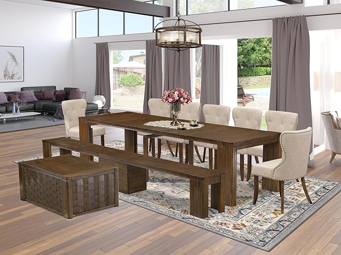 X07SI-BC8-04 - 10 Pieces Modern Dining Set contains an Extendable Rectangle Kitchen Table, 1 Coffee Table, 7 Dining Chairs and 1 Modern Bench, 39x120 Inch, Antique Walnut