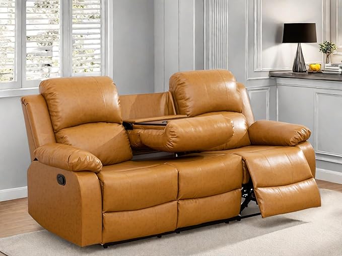 Leather Recliner Sofa Couch, 3-Seater Home Theater Seating Reclining Sofa, Power Reclining Couch with Cup Holders & Drop Down Table for Living Room Furniture Sets, Orange