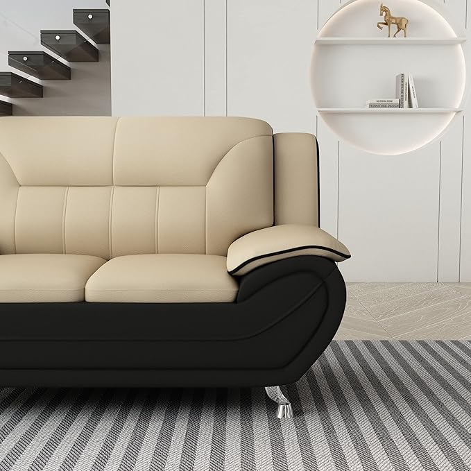 Container Furniture Direct Michael Modern Faux Leather Upholstered Stainless Steel Legs Living Room Loveseat, Black Camel