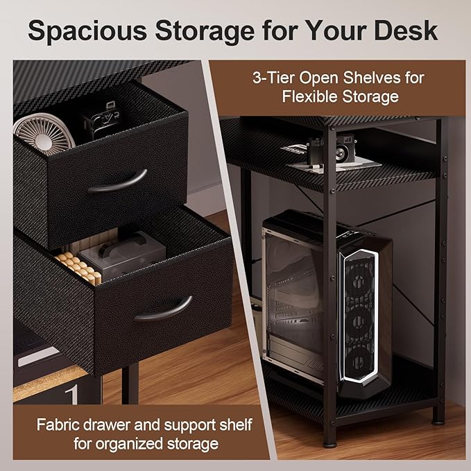 GTPLAYER L Shaped Desk with Drawers, Carbon Fiber Style Computer Desk with Monitor Shelf, Black Small L Shape Desk with Adjustable Open Storage Shelf, Corner PC Table for Small Space Home Office